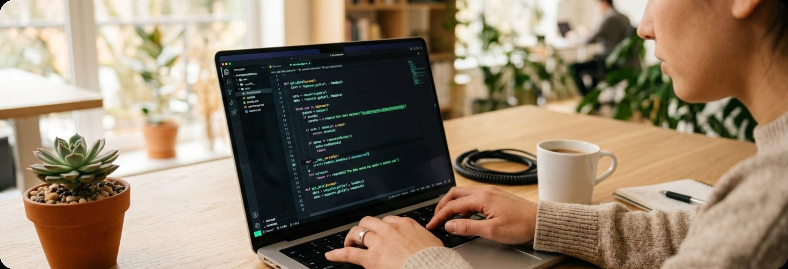 A developer at a laptop with mint-green code on screen, warm window light, modern workspace