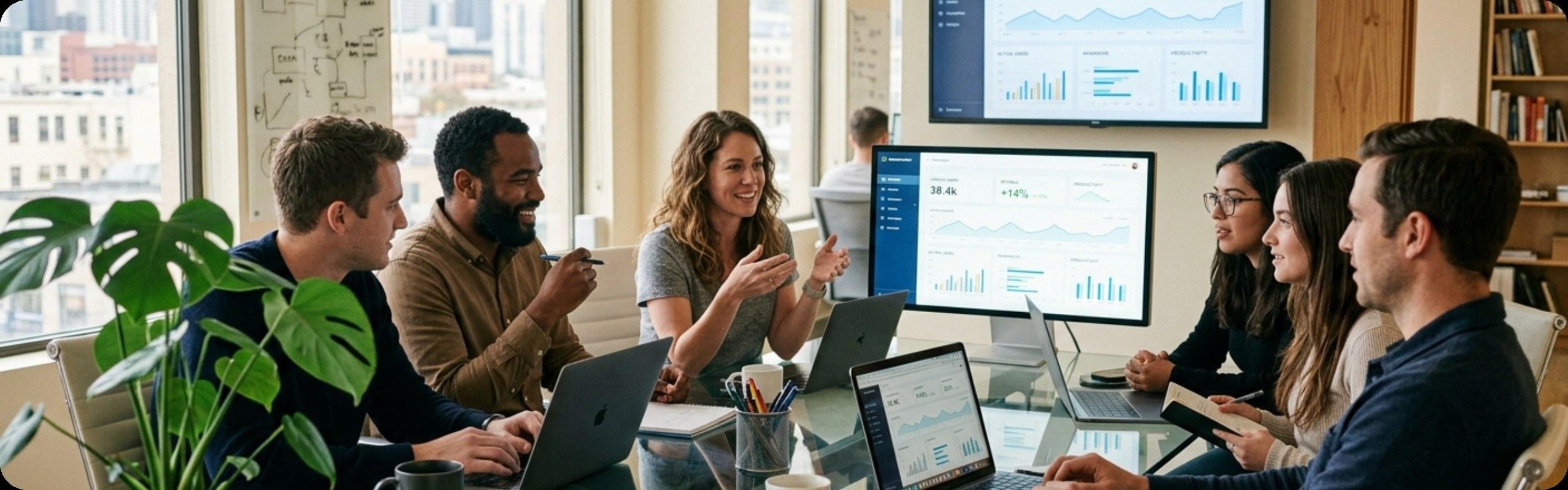 A diverse product team gathered around a conference table with laptops and dashboards